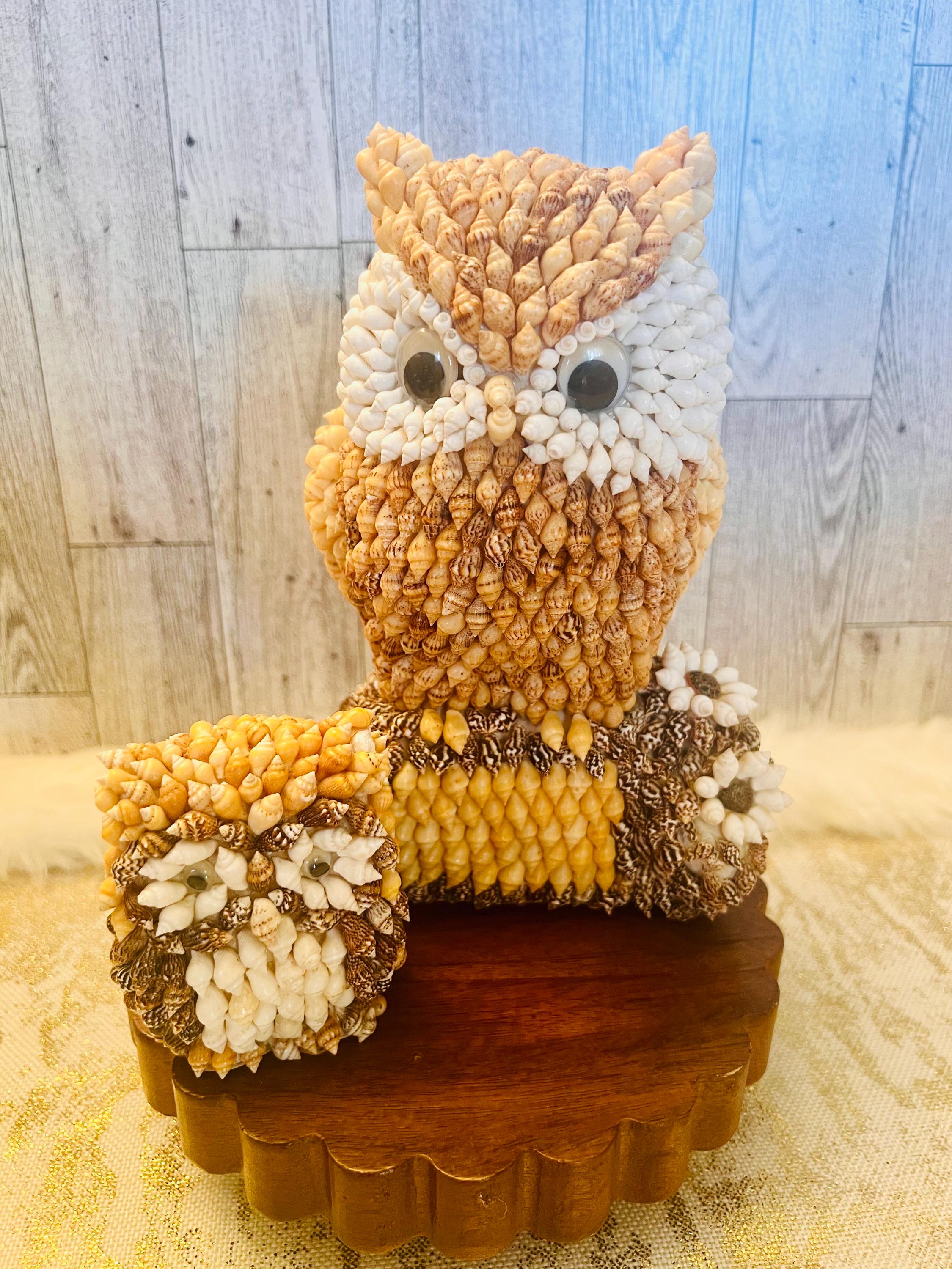 Vintage Seashell Owls Shell Art Owl Perched With Baby Boho Decor