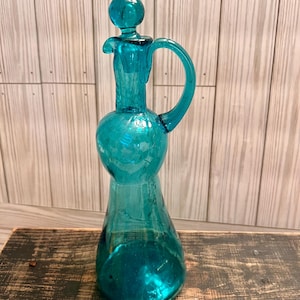 Aqua Blue Turquoise Cruet Handblown Crackle Ribbed Glass Vinegar and Oil With Optic Swirls Controlled Bubbles Cottagecore Wedding Farmhouse