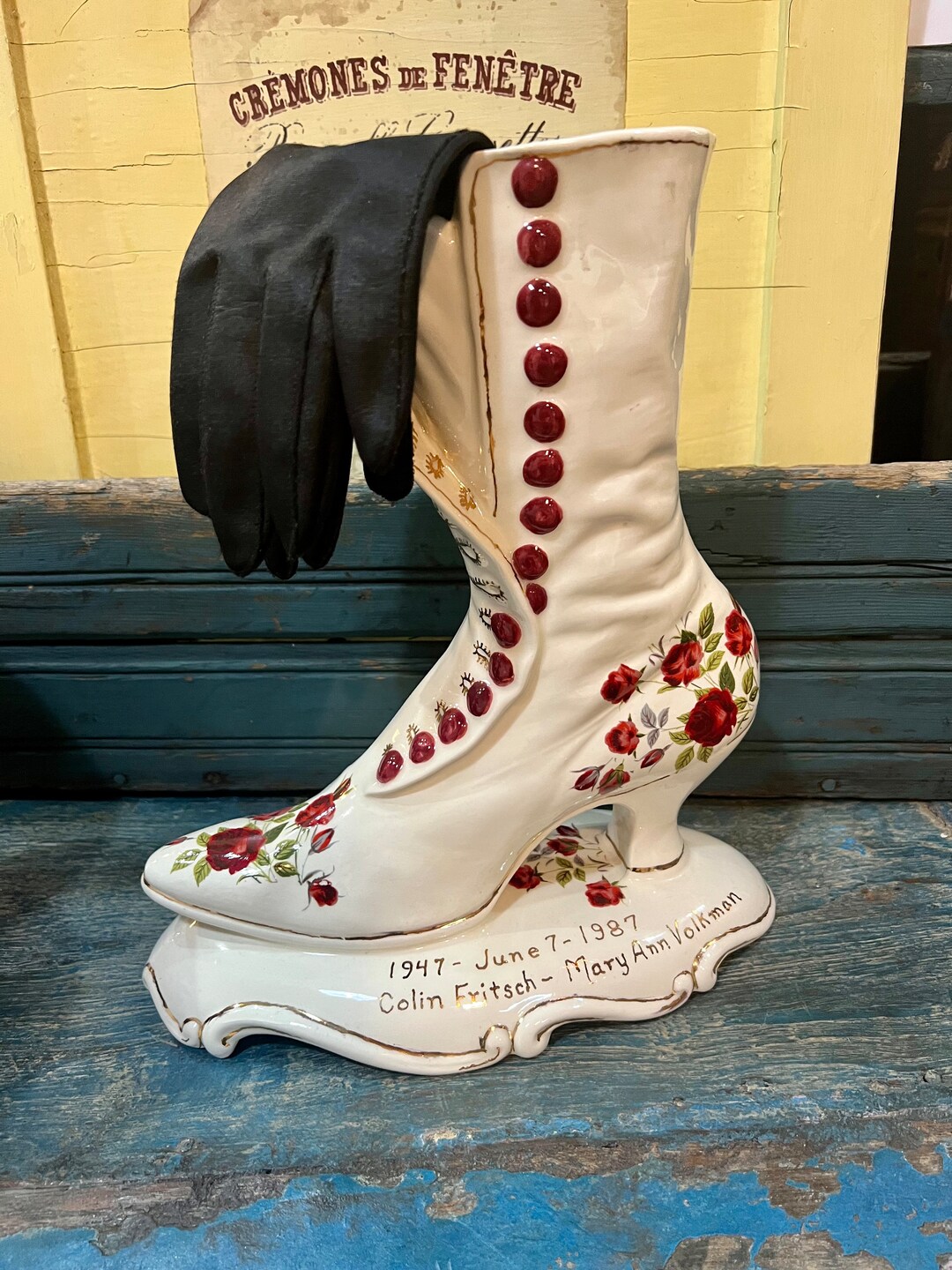 Victorian Ladies Boot Mourning Decor Flower Vase Roses Flowers Bridal