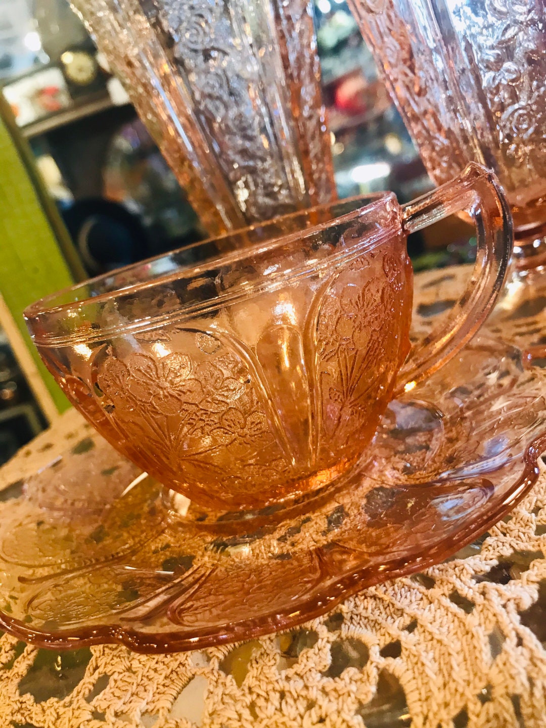 Buy Jeannette Cherry Blossom Cup Saucer Plate Set Depression Glass Wedding  Decor Tea Party Bridal Shower Coffee Tea Service Vintage Pink Online in