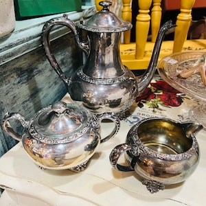 Silver Plate Coffee/Tea Service Vintage Beverly Manor International  Silver Co. IS/Wedding Gifts/Sugar Bowl& Creamer/Silverplated/Roses