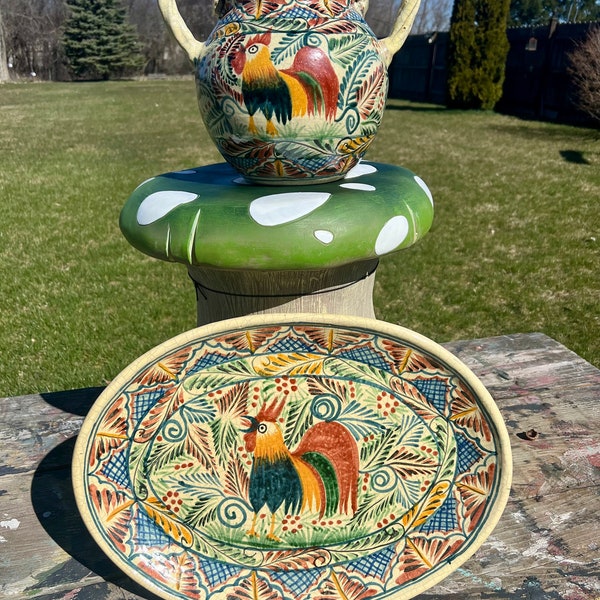 Vintage Mexican Pottery Covered Two Handled Pot Large Oval Platter Serving Plate Jug With Lid Rooster Chicken Decor Folk Art Canister Tureen