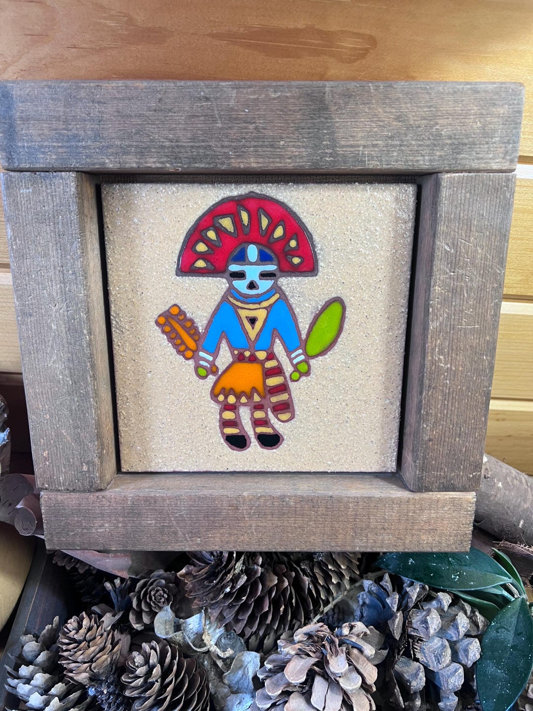 Vintage Aztecan Folk Art Tile in Rustic Wooden Frame Southwestern ...