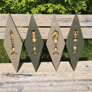 Vintage MCM Chess Piece Wall Plaques Carved Pieces Wall Hanging Mid Century Modern Art Gallery Decor Diamond Shaped Game Room Home Bar