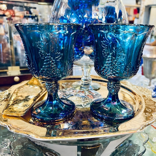 Vintage Carnival Glass Goblets Harvest Grape Indiana Glassware Iridescent Blue Art Glass Water Goblets Wine Glasses Winter Wedding Table