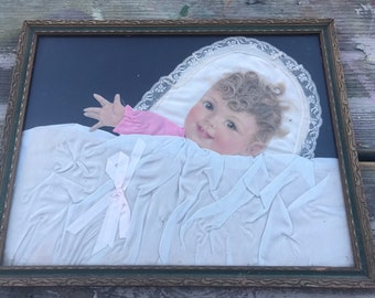 Victorian Mourning Memorial Framed/Baby Picture w/real hair/Nursery Decor/Antique Child’s/Baby Framed Art/Baby Girl/Satin Lace/Babies