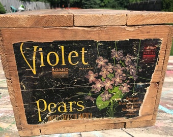 Antique Violet Pears Fruit Crate Wooden Crates Vintage Farmhouse Decor Rustic Home Storage Garden Planters Wedding Craft Room