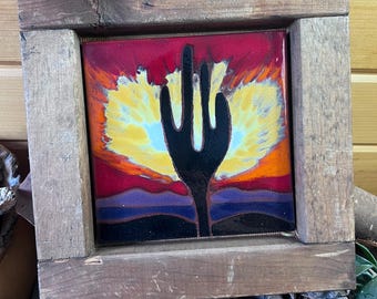 Vintage Santa Fe Art Tile With Cactus Rustic Handmade Wooden Framed Sunset and Desert Mountains Southwestern Cabin Decor Gallery Wall