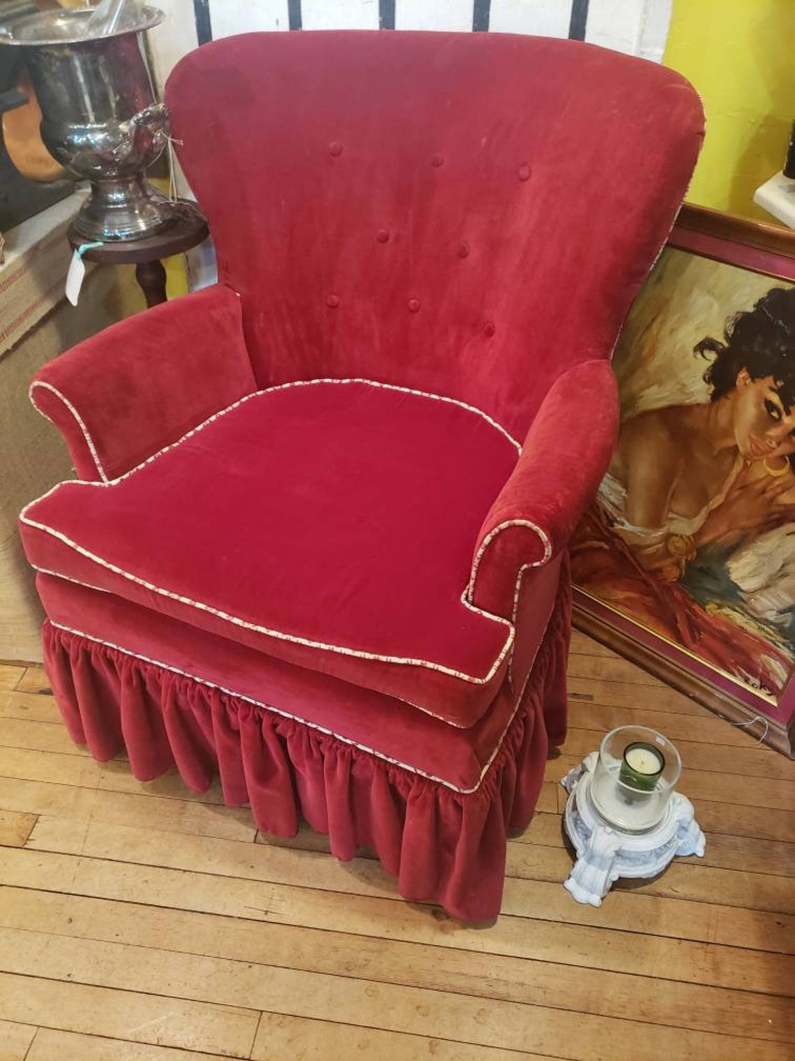 Red Velvet Upholstered Chair with Ruffled Skirt Chairs Gothic Etsy