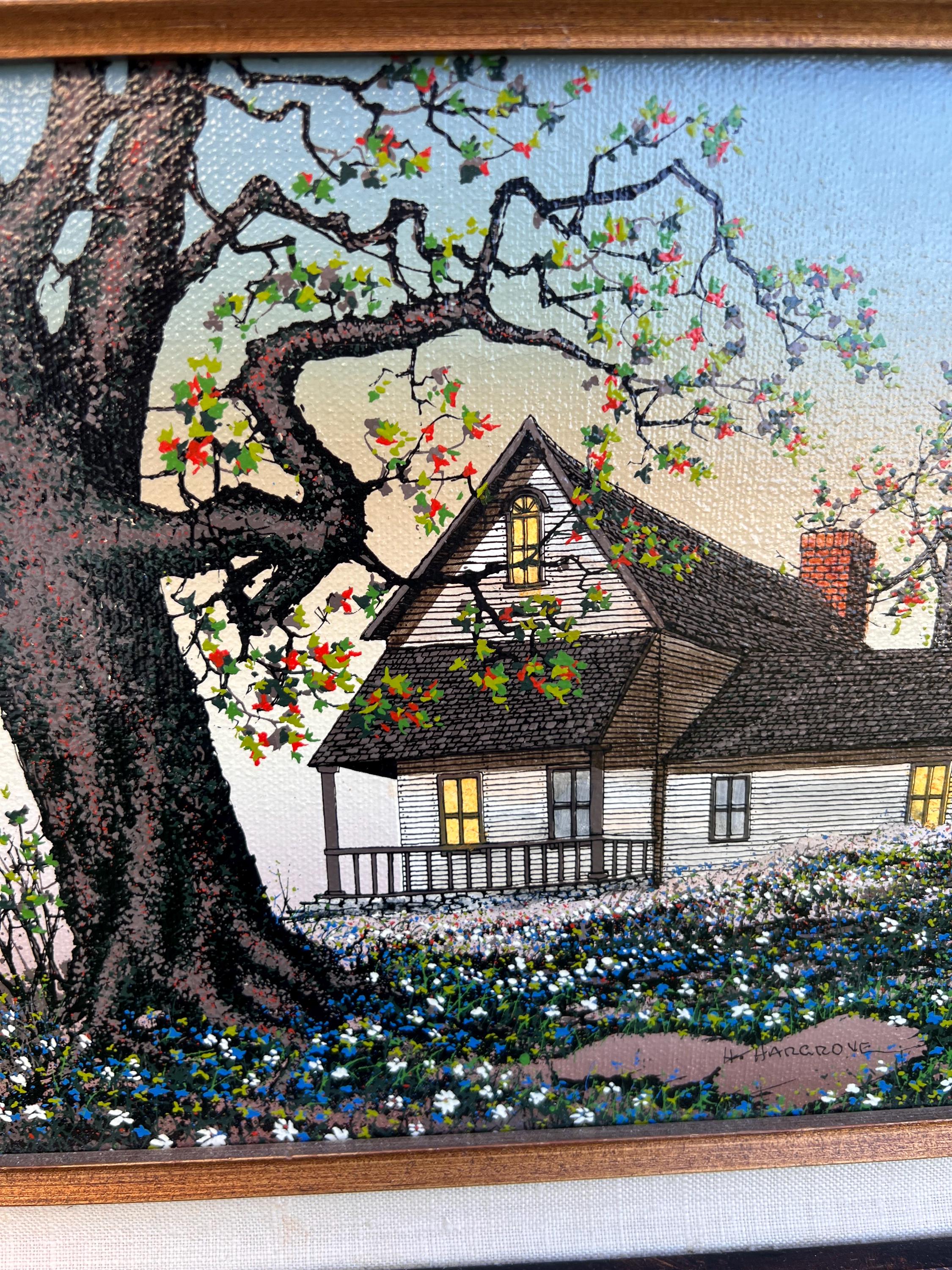 Vintage H Hargrove Serigraph on Canvas Oil Painting Farmhouse