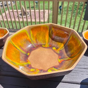 Vintage 60s California Pottery Sequoia Ware Serving Bowl Set Orange and Yellow Drip Speckled Glaze Retro Groovy MCM Chip and Dip Bowls