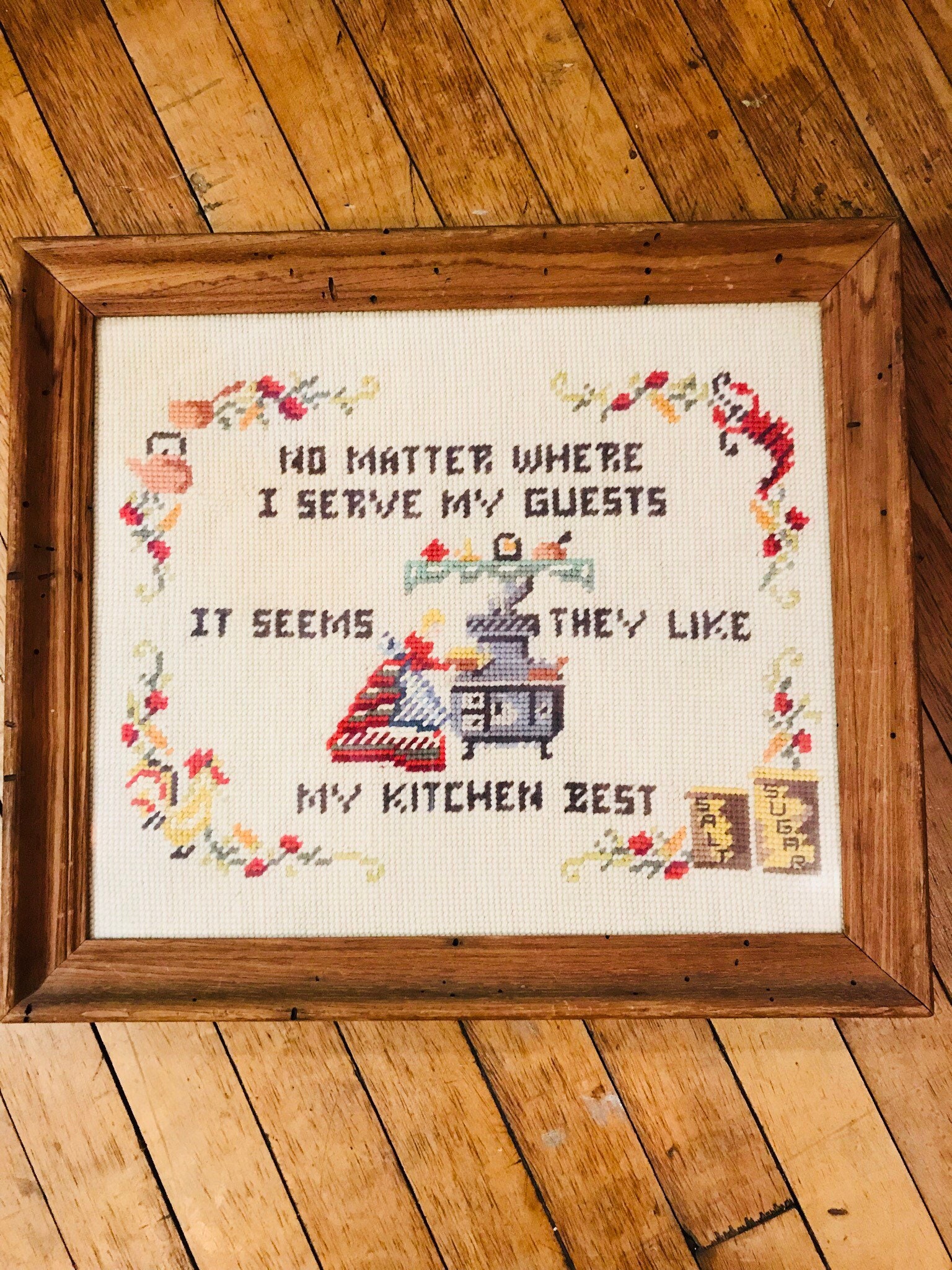 Vintage Needlepoint Art/Sampler/Rustic Farmhouse Framed Art/Needlepoint Art/Fiber Art/Rustic Farmhouse Decor/Handmade/Kitchen Art/Gallery