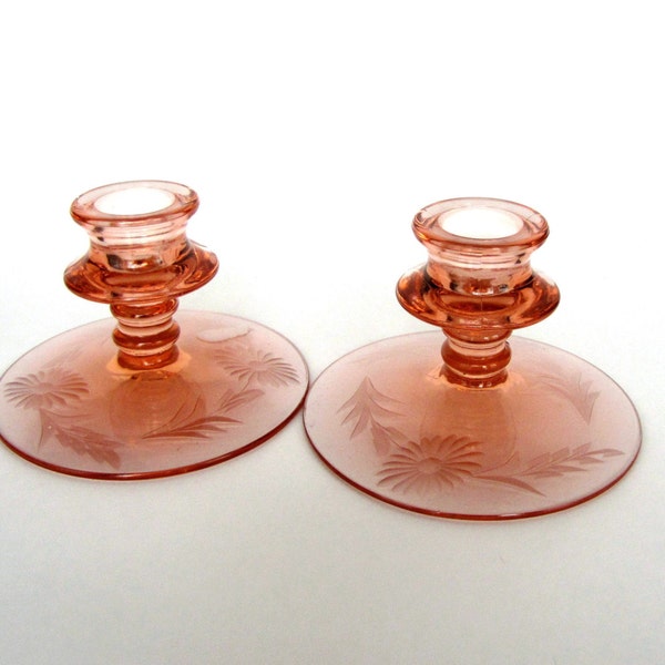 Antique Pair of Pink Depression Glass Candle Holders, Etched Gerger Daisy Flower Motif, Dining Room, Romantic Valentine Table Decor,