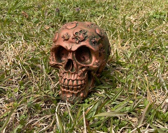 Skull Crossbones Hand Painted Aged Bronze Concrete Statue