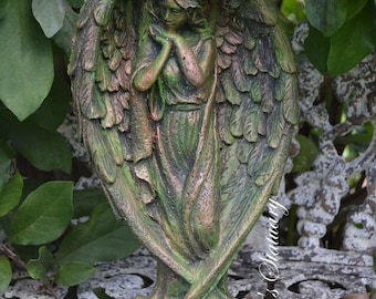 Solid Concrete Antique Style Angel Statue Aged Bronze Patina Look Hand Painted Memorial Garden