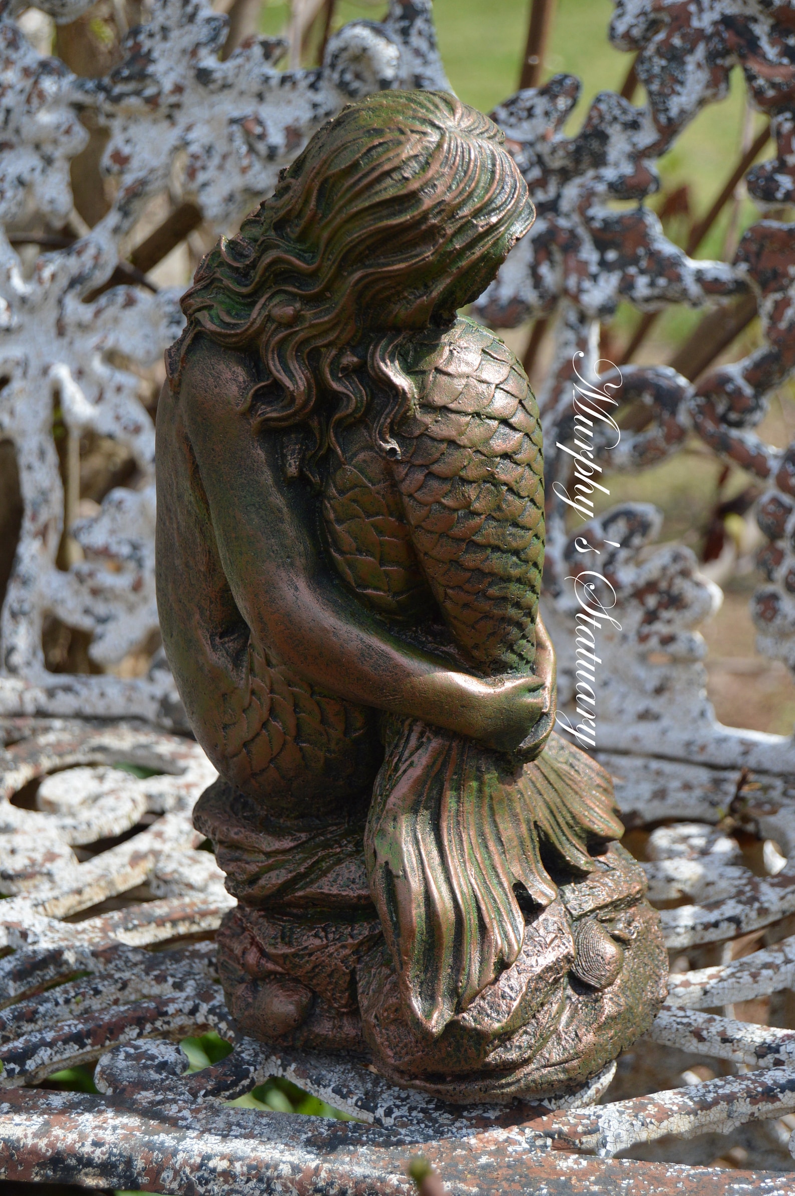 Mermaid Solid Concrete Statue Antique Hand Painted Aged Etsy