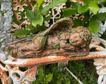 Sleeping Angel Solid Concrete Hand Painted Copper Bronze Finish Antique Style