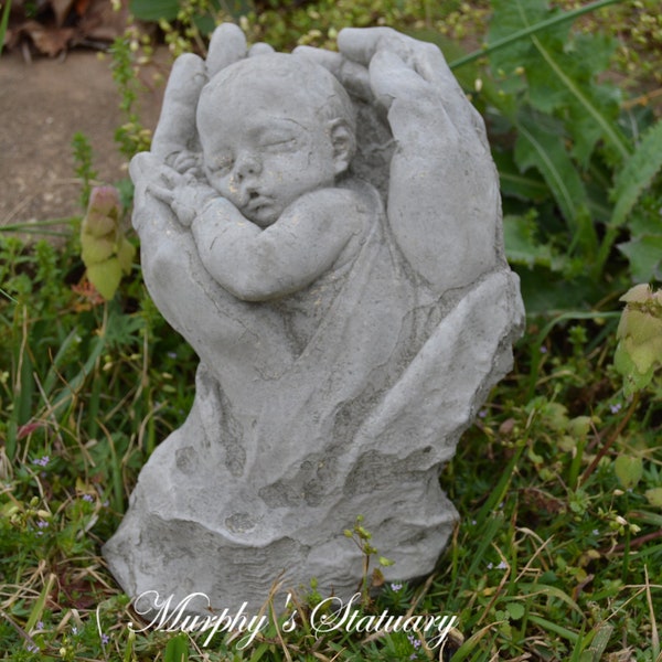 In His Hands Concrete Garden Statue Memorial Baby New Born Jesus