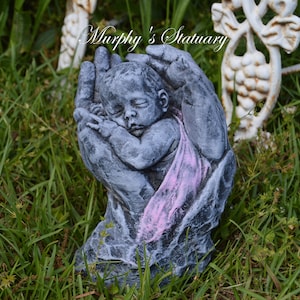 Baby Girl in Hands Solid Concrete Statue Hand Painted Vintage Rustic Style
