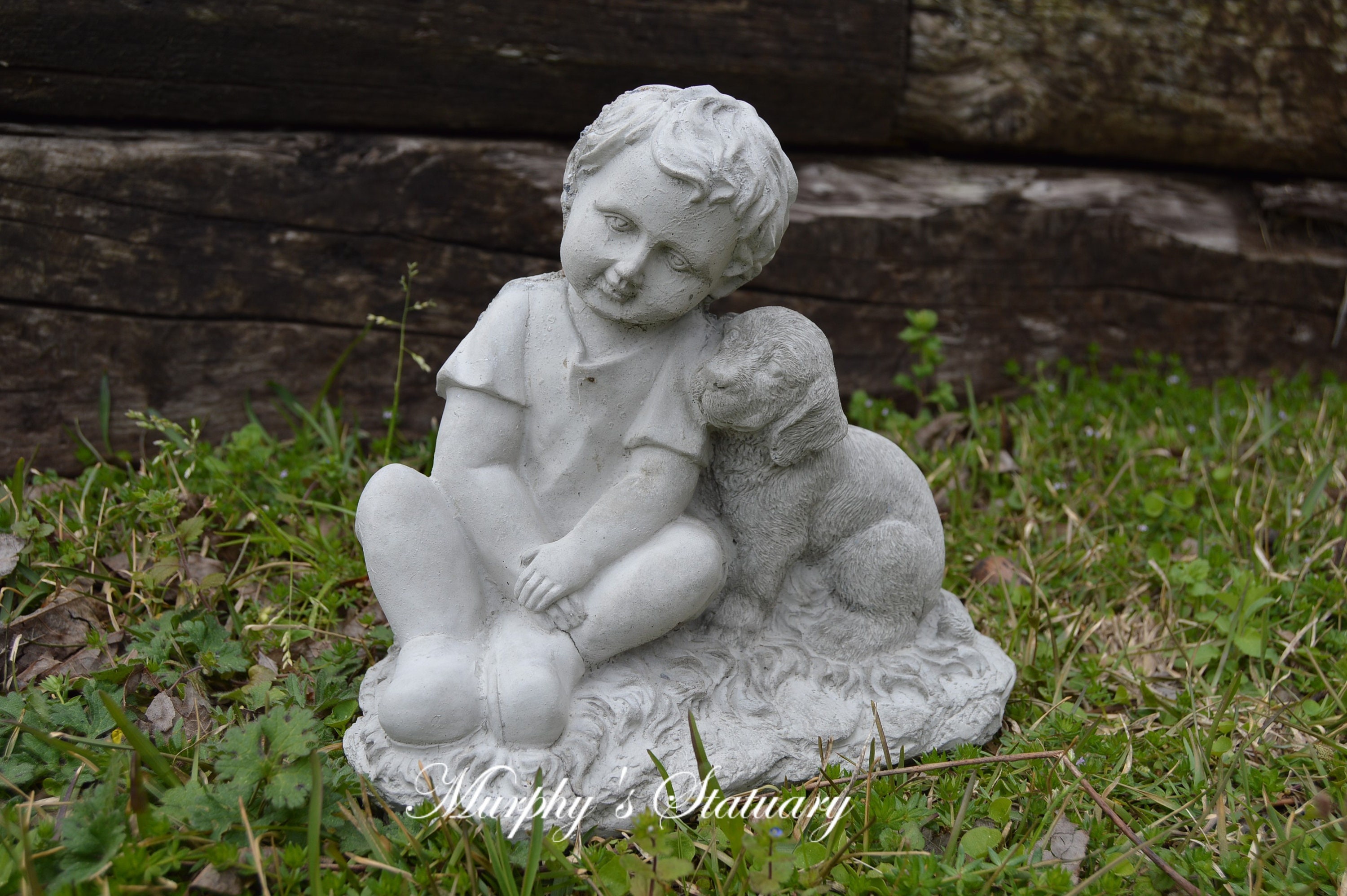 Boy book and Dog Garden statue Concrete children Stone Outdoor sculpture Boy figure Puppy