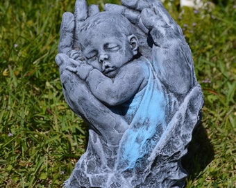Baby Boy in Hands Solid Concrete Statue Hand Painted Vintage Rustic Style