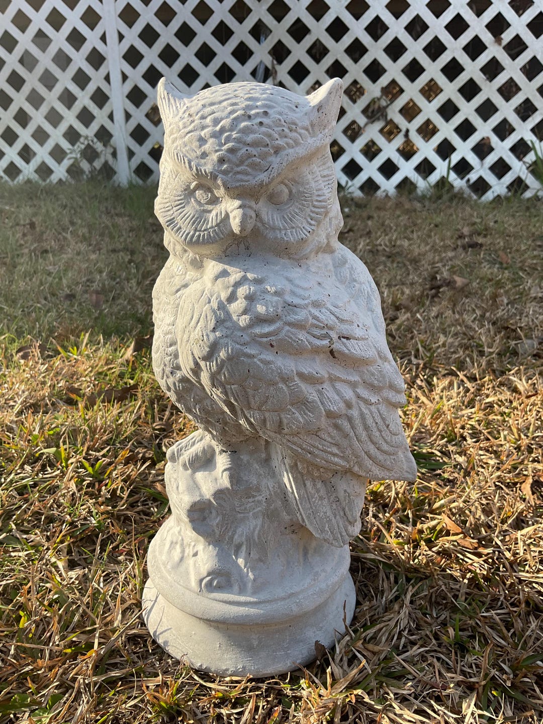 Owl Concrete Garden Statue Perched On Log Etsy