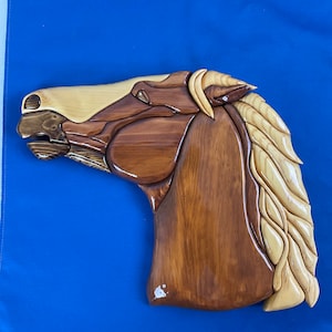 Horse Stallion Head Intarsia Wood Carving Wall Hanger Equestrian
