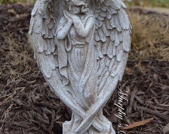 Vintage Style Angel Solid Concrete Hand Painted Garden Memorial Weathered Finish