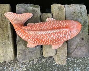 Koi Fish Concrete Statue Pond Home Decor Hand made Hand Painted White/Orange