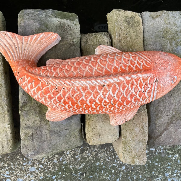 Koi Fish Concrete Statue Pond Home Decor Hand made Hand Painted White/Orange