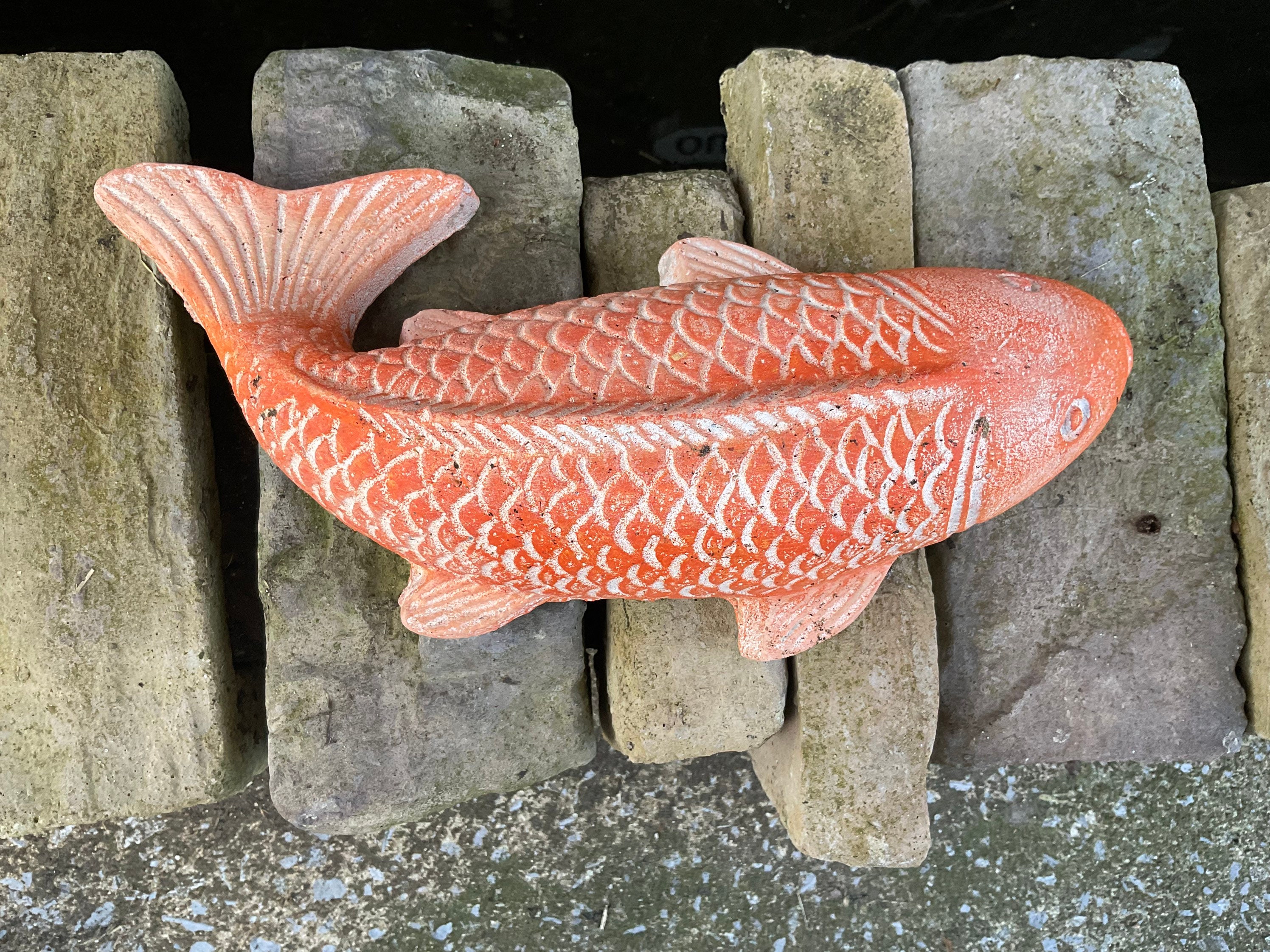 Koi Fish Concrete Statue Pond Home Decor Hand made Hand Painted White/Orange