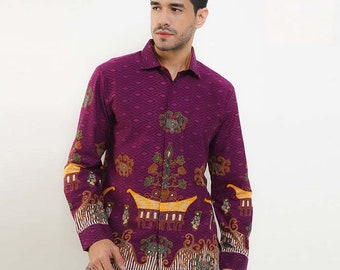 Banyu Mili Elegante Camisa Batik de Manga Larga Murren Púrpura, Hombres Batik, Camisa Batik, Batik para Hombres