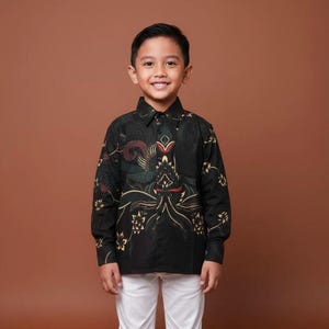Camisa batik de manga larga para niños, estilo tradicional indonesio, de algodón, estilo étnico formal para niños pequeños