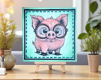 Hand Painted Pig Canvas Art 5x5 Farm Animal Nursery Decor