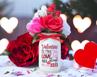 Valentines Day Decor Mason Jar, Flower Vase with Artificial Flowers Included, Valentines Day Gift For Him or Her