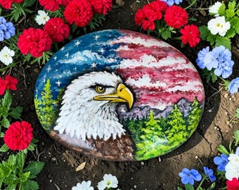 Hand Painted Bald Eagle Rock Patriotic American Flag Decor USA 250th Anniversary Gift