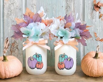 Coffee Bar Pastel Fall Decor - Fall Home Decor - Autumnal Home Decor Painted Mason Jars
