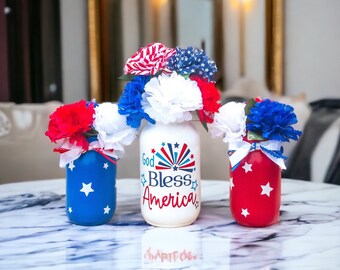 4th Of July Decor/Patriotic Table Centerpiece/Independence Day Home Decoration/God Bless America Mason Jar Set