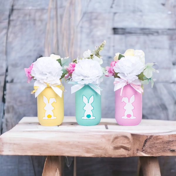 Easter Decor Pastel Yellow, Mint, and Pink Set of 3 Mason Jar Centerpiece. Dinner Table, Kitchen, or Mantel Decoration.