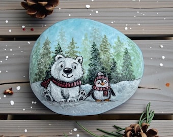 Stocking Stuffer Hand Painted Polar Bear and Penguin Winter Scene on Natural River Rock