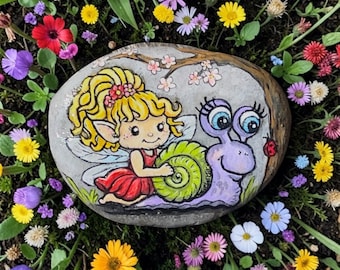 Hand-Painted Fairy and Snail River Rock Garden Decor – Whimsical Fantasy Art