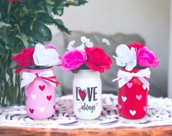 Painted Mason Jar Set: Valentine’s Day Table Centerpiece Decor