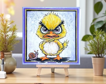 Sarcastic Grumpy Duck Art - Hand Painted Mini Canvas Desk Decor
