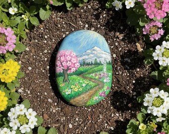 Hand Painted River Rock Spring Landscape Garden Stone Decor Gift