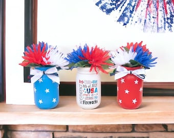 4th of July Home Decor/Patriotic Table Centerpiece Fourth of July Party/Red White and Blue Mason Jars