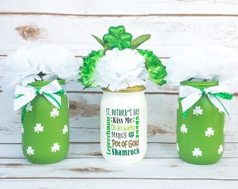 St Patricks Day Decor, St Patricks Day Decorations, Shamrock Centerpiece, Irish Gifts, St Patrick Decor, Saint Patricks Day, Mason Jar Decor