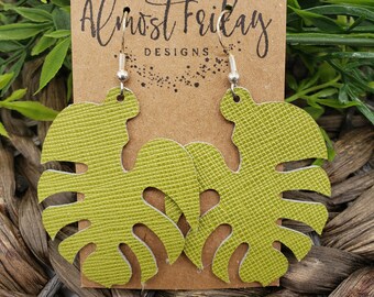 Genuine Leather Earrings - Monstera Leaf - Green Earrings - Statement Earrings - Leaf Earrings - Summer Earrings - Lime Green