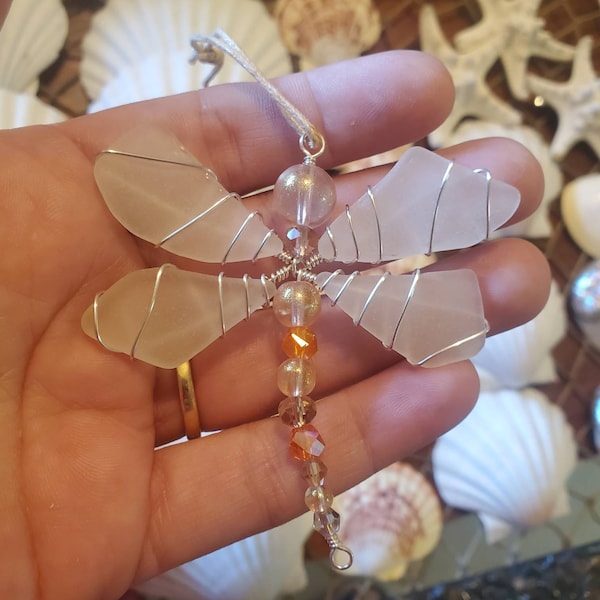 Authentic Sea Glass Dragonfly Hanging Sculpture Ornament - Mostly Pink - Natural Garden Decor Tiki Ocean Art Handmade