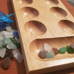 Authentic Sea Glass Mancala Set Game Teacher Ocean Lover Dad Gift Unique Rare Mermaid Decor White Natural Blue Aqua Wood Folding Travel Girl