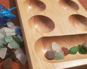 Authentisches Seeglas Mancala Set Spiellehrer Ozean Liebhaber Papa Geschenk einzigartig selten Meerjungfrau Dekor weiß natürlich blau Aqua Holz Klapp Reise Mädchen